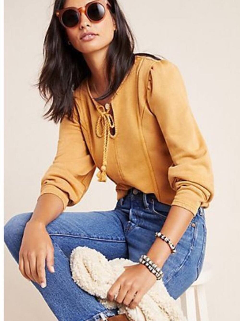 Maeve Anthropologie Jeanne Puff Sleeve Sweatshirt Top Tassels Carmel Gold Medium